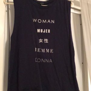 Muscle tank top with the word woman in 5 languages